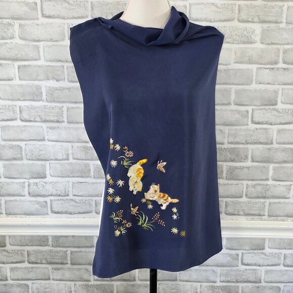 Vintage Blue Embroidered Kittens Scarf Whimsical Novelty - Picture 1 of 9